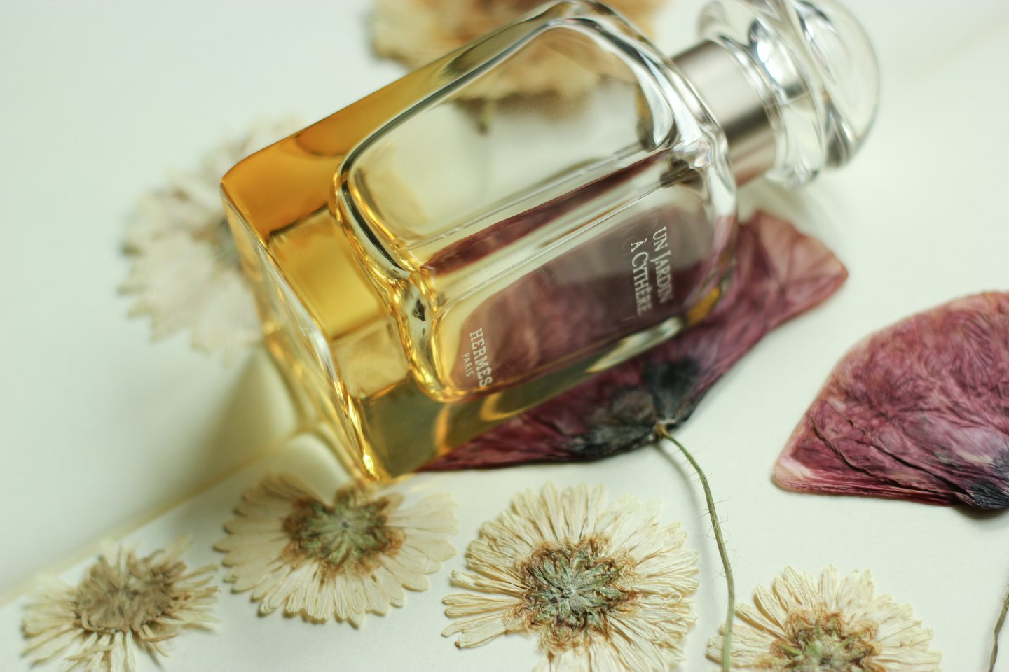 A glass perfume bottle rests among scattered dried flowers.